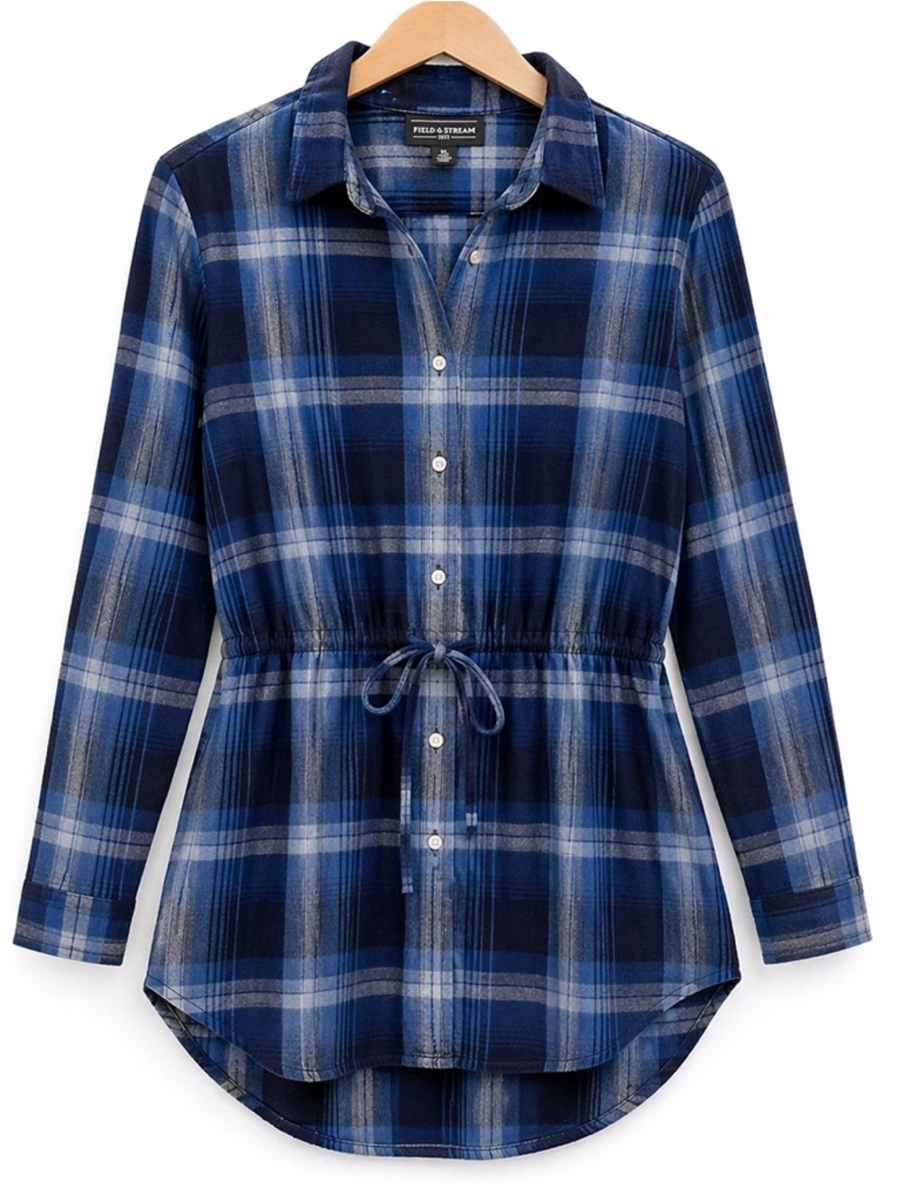 Blue Plaid Flannel Shirt Tunic XL Drawstring Waist Button Front Casual Outdoor